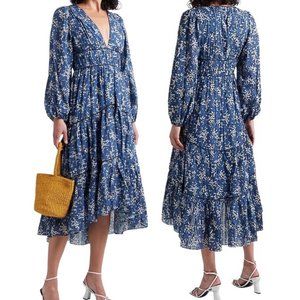 Ulla Johnson Floral Print Joan Gathered Jacquard Midi Dress in Cornflower Blue